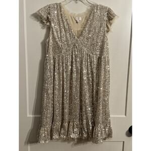 M By MNK Sequin V-Neck Babydoll Dress Sz M Party Bachelorette Champagne Sparkle